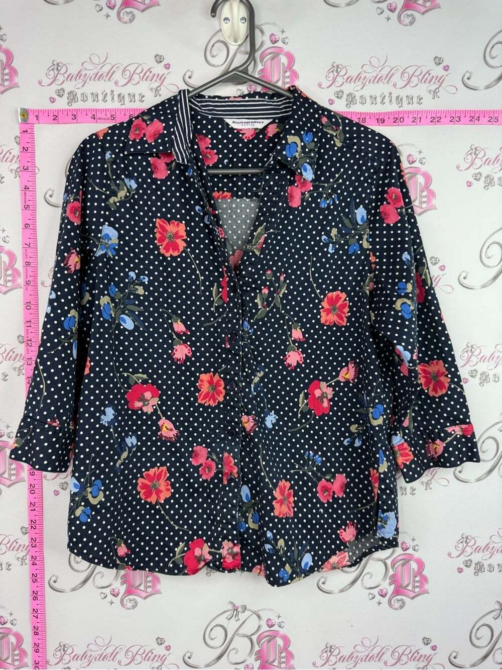 Allison Daley Navy Polka Dot Floral Button-Down Blouse